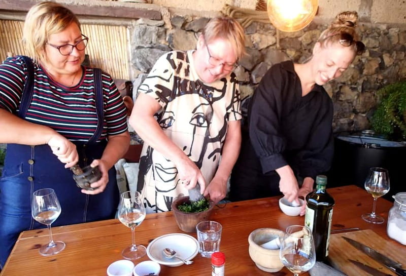 Mojo Workshop Cooking Class in Ancient Canarian Village - Making red and green mojo with a mortar and pestle